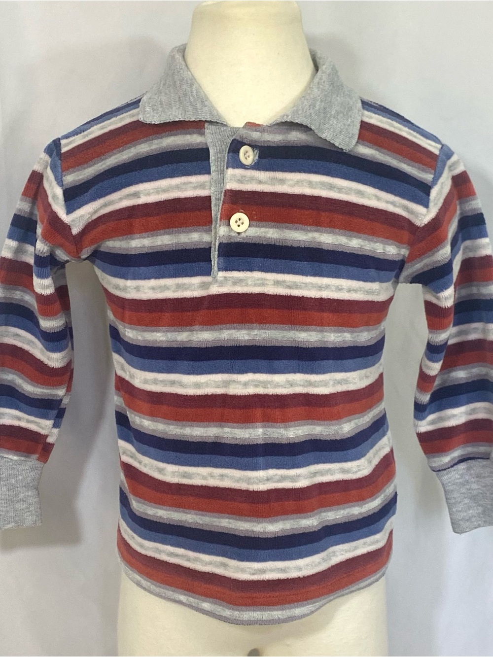 healthtex Long-Sleeve Striped Polo in Red, Blue & Gray